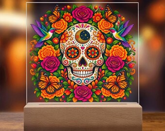 Sugar Skull Acrylic Plaque with LED Base, 7 Color Light, Día de los Muertos Decor, Floral Skull Gift