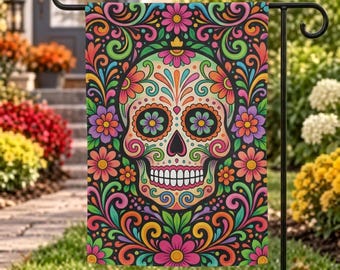 Colorful Sugar Skull Garden Flag, Floral Day of the Dead Decor, Dia de los Muertos Yard Flag, Folk Art Skull Garden Banner