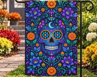 Celestial Sugar Skull Garden Flag, Día de los Muertos Decor, Moon Skull Yard Flag, Floral Day of the Dead Flag, Colorful Garden Decor