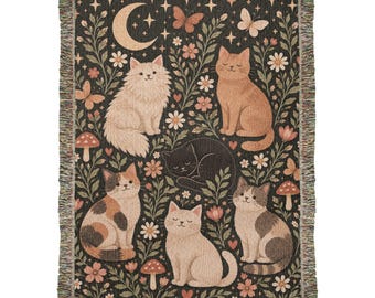 Black Cat Woven Blanket, Cottagecore Cat Throw, Celestial Cat Blanket, Moon and Stars Decor, Cat Lover Gift, Folk Art Blanket