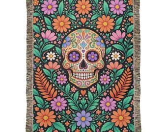 Day of the Dead Woven Blanket, Floral Sugar Skull Throw, Dia de los Muertos Decor, Mexican Folk Art, Colorful Cotton Tapestry Gift