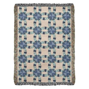 Blue Double Ring Woven Throw Blanket, Vintage Patchwork, Farmhouse Style Gift, Country Cottage, New Home, Birthday, Wedding, Engagement Gift