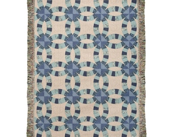 Blue Double Ring Woven Throw Blanket, Vintage Patchwork, Farmhouse Style Gift, Country Cottage, New Home, Birthday, Wedding, Engagement Gift