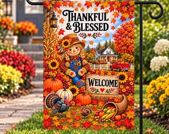 Thankful & Blessed Fall Garden Flag, Thanksgiving Scarecrow Yard Flag, Welcome Autumn Porch Decor, Turkey Harvest Garden Flag