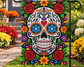 Sugar Skull Garden Flag, Colorful Floral Skull Flag, Day of the Dead Inspired Decor, Dia de los Muertos Yard Flag, Halloween Garden Decor