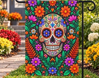 Floral Sugar Skull Garden Flag, Día de los Muertos Decor, Pastel Skull Yard Flag, Day of the Dead Garden Decor, Colorful Skull Flag