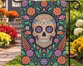 Floral Sugar Skull Garden Flag, Día de los Muertos Decor, Pastel Skull Yard Flag, Day of the Dead Garden Decor, Colorful Skull Flag