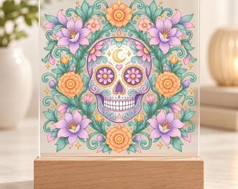 Pastel Sugar Skull Acrylic Light, Floral Moon Plaque with LED Wood Base, Día de los Muertos Decor, Celestial Gift