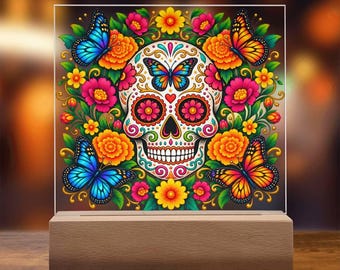 Butterfly Sugar Skull Acrylic Light, Floral Día de los Muertos Plaque, LED Lamp with Wooden Base, Ofrenda Decor