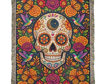 Day of the Dead Woven Blanket, Sugar Skull Throw, Dia de los Muertos Gift, Colorful Floral Skull, Butterfly Memorial Blanket
