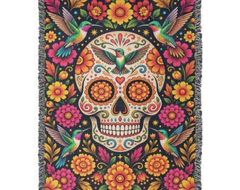 Sugar Skull Woven Blanket, Hummingbird Floral Throw, Day of the Dead Decor, Colorful Cotton Blanket, Boho Gift