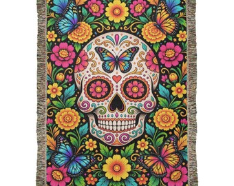 Day of the Dead Sugar Skull Blanket, Colorful Butterfly Floral Throw, Dia de los Muertos Blanket, Mexican Folk Art, Memorial Gift