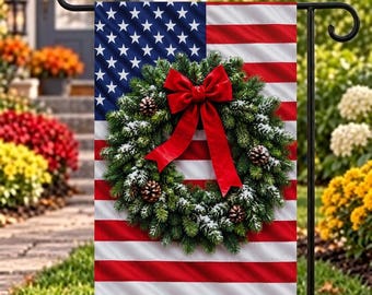 National Wreath Day, Patriotic Christmas Garden Flag, American Flag with Evergreen Wreath & Red Bow, Winter Memorial Decor