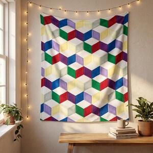 Velveteen Plush Cube Pattern Blanket, Geometric, Soft, Colorful Modern Style, Gift for Home, Sofa Throw, Family Gift, Home Decor, Keepsake