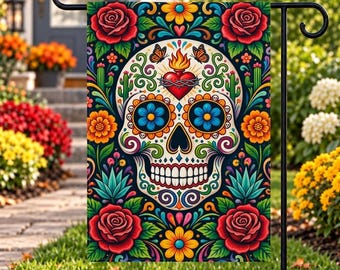 Sugar Skull Garden Flag, Día de los Muertos Flag, Floral Skull Outdoor Decor, Halloween Garden Flag, Colorful Vertical Porch Flag