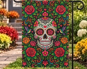 Sugar Skull Flag, Floral Day of the Dead Flag, Rose Skull Yard Decor, Gothic Garden Banner, Colorful Outdoor Decor, Dia de los Muertos