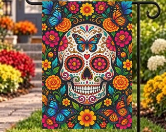 Day of the Dead Garden Flag, Colorful Sugar Skull Butterfly Flag, Dia de los Muertos Outdoor Decor, Mexican Folk Art Yard Flag