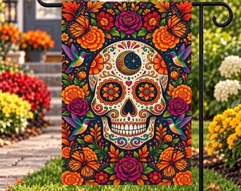 Day of the Dead Garden Flag, Sugar Skull Butterfly Flag, Dia de los Muertos Outdoor Decor, Hummingbird Floral Yard Flag