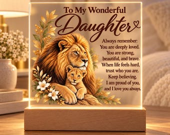 Daughter Gift, Lion and Cub Acrylic LED Plaque, Inspirational Night Light, Birthday or Graduation Gift from Mom or Dad
