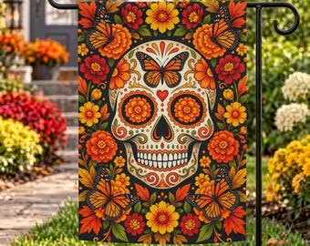Sugar Skull Garden Flag, Día de los Muertos Decor, Monarch Butterfly Flag, Day of the Dead Yard Decor, Floral Skull Outdoor Flag