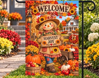 Harvest Joy Fall Garden Flag, Scarecrow Autumn Yard Flag, Pumpkin Farmhouse Outdoor Decor, Fall Porch Flag, Thanksgiving Garden Flag