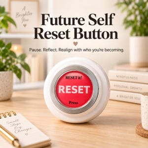 May include: A round white plastic button with a silver metallic rim and a bright red center. The red surface features the white text "RESET" in large capital letters, with "RESET it!" above and the word "Press" printed below in black.