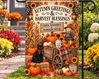 Autumn Greetings Garden Flag, Harvest Blessings Fall Yard Flag, Black Cat Pumpkin Patch Decor, Farmhouse Porch Flag
