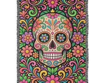 Day of the Dead Woven Blanket, Colorful Sugar Skull Throw, Dia de los Muertos Decor, Floral Skull Cotton Blanket, Mexican Folk Art Gift