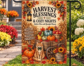 Harvest Blessings Fall Garden Flag, Cozy Nights Autumn Yard Flag, Orange Cat Pumpkin Decor, Farmhouse Fall Porch Flag