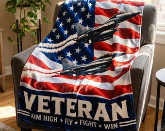 Veteran Fighter Jet American Flag Velveteen Plush Blanket
