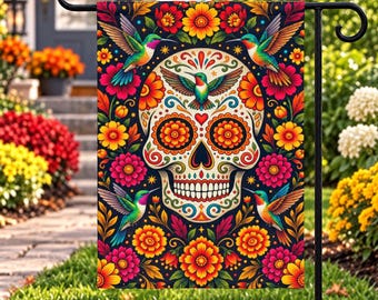Sugar Skull Garden Flag, Hummingbird & Floral Dia de los Muertos Decor, Double Sided Outdoor Flag
