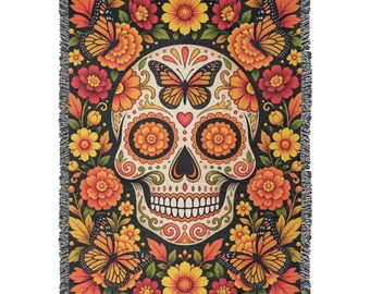 Day of the Dead Woven Blanket, Sugar Skull, Dia de los Muertos Throw, Colorful Floral Skull Blanket, Mexican Inspired Halloween Home Decor
