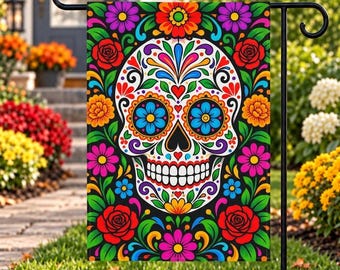 Sugar Skull Garden Flag, Día de los Muertos Flag, Colorful Skull Yard Decor, Halloween Garden Flag, Fall Porch Decor
