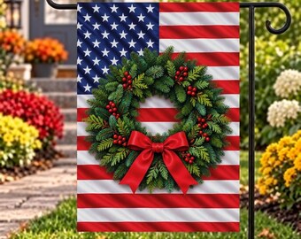 Patriotic Christmas Garden Flag, American Flag with Evergreen Wreath, Red Berries & Bow, Holiday Yard Decor, National Wreath Day