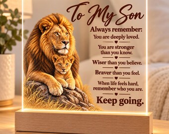Son Gift from Mom or Dad, Lion and Cub Acrylic LED Plaque, Inspirational Night Light, Birthday or Graduation Keepsake