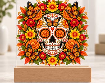 Monarch Butterfly Sugar Skull Acrylic Light, Día de los Muertos Plaque, Floral LED Lamp with Wooden Base, Ofrenda Decor