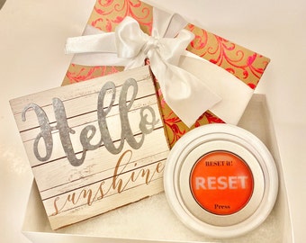 It's a NEW Day Reset. Hello Sunshine. Life RESET it!™ Button. Empower Encourage Supports Positive Mind Energy Vibe. TY Gift included