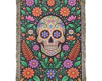 Day of the Dead Woven Blanket, Floral Sugar Skull Throw, Dia de los Muertos Decor, Mexican Folk Art, Colorful Cotton Tapestry Gift