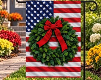 Patriotic Christmas Garden Flag, American Flag with Evergreen Wreath and Red Bow, Holiday Yard Decor