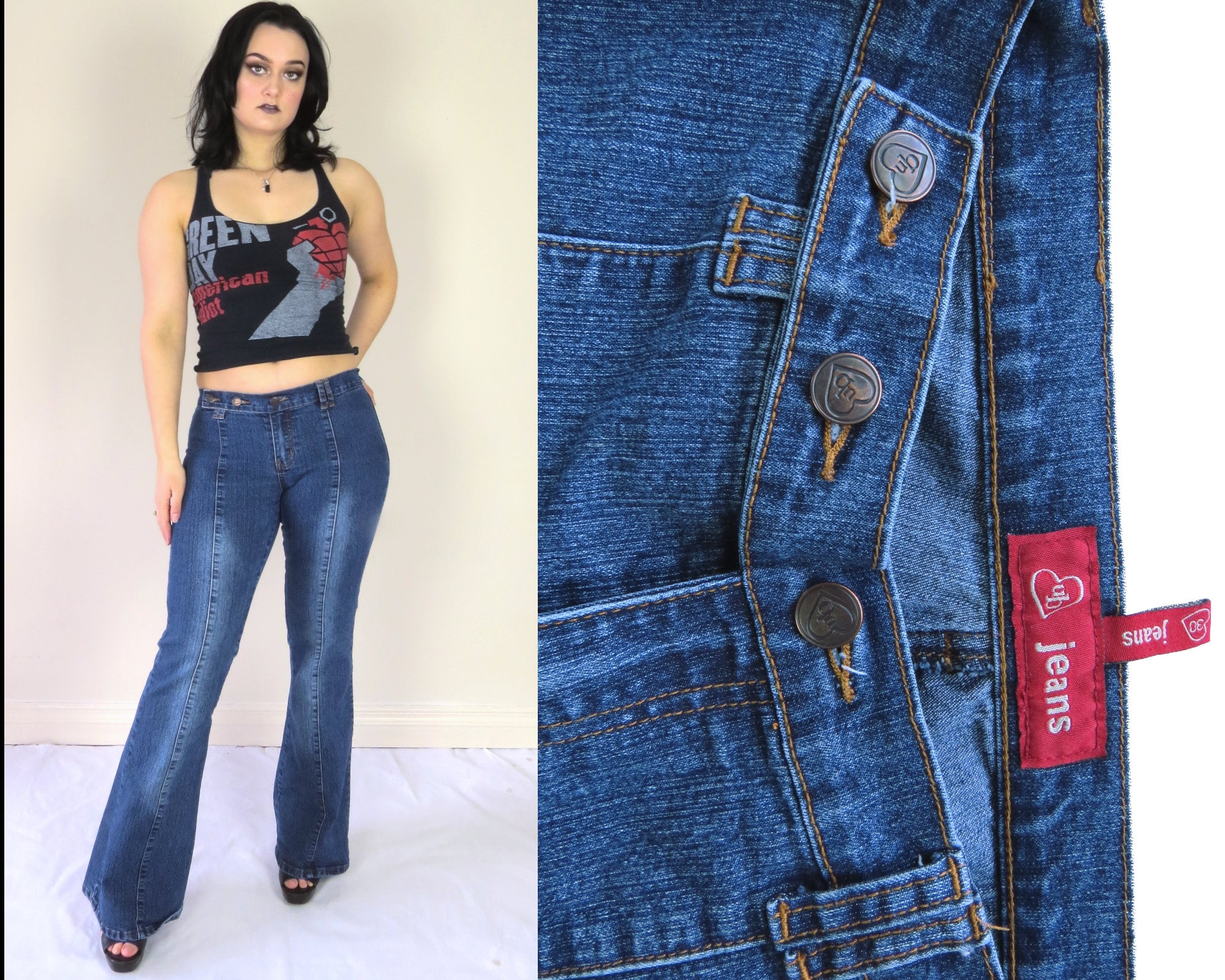 High-rise Bell Bottom Jeans With Heavy Distressing, Unique Boho