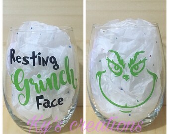 Resting Grinch face wine glass; the grinch glass; funny wine glass; christmas wine glass; holiday wine glass; the grinch who stole christmas