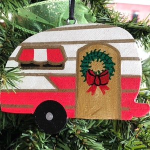 Camper Christmas ornament handmade, Shasta camper ornament wood, RV accessories for inside, camper wreath attachments for Christmas, secret