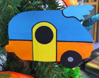 Mod Christmas ornaments wood, RV ornament handmade, retro Christmas tree ornament, rear view mirror accessories for women, new camper gift