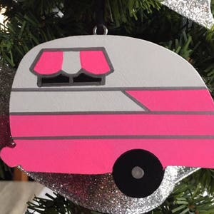 Pink Shasta camper ornament wood, RV decor for inside, happy camper wreath attachments, cute camper Christmas ornament handmade, RV gifts