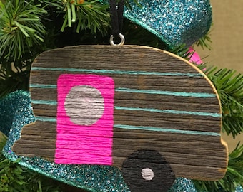 Camper Christmas ornaments handmade, reclaimed wood Christmas decorations, RV ornament, travel trailer decor, sustainable gifts for women