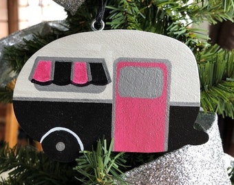 Cute camper ornaments wood, pink Christmas decorations, RV Christmas ornaments handmade, camper wreath attachments, glamping gifts, travel