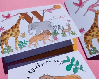 Safari greetings card / Cute personalised card for child, toddler savana art, whimsical animal watercolour. birthday art with Lion & Giraffe