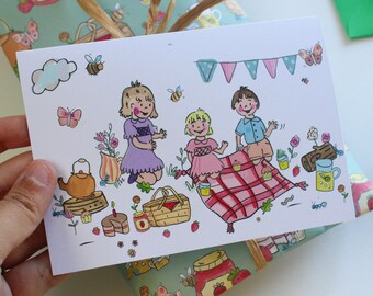 Retro Picnic card for child / Cute whimsical design for kids, Personalised party supplies for vintage lover, Summer Birthday card for child