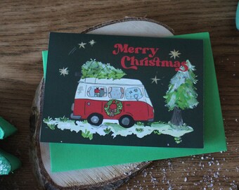 VW Christmas card / Cute campervan with stars, woods, Traditional festive colours with travel themed art, Xmas couples card, Quirky greeting