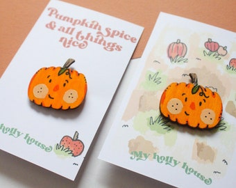 Pumpkin wooden pin badge/ Children's halloween pumpkin patch pin, Autumn accessory for kids, Eco gift, Cute witchy present